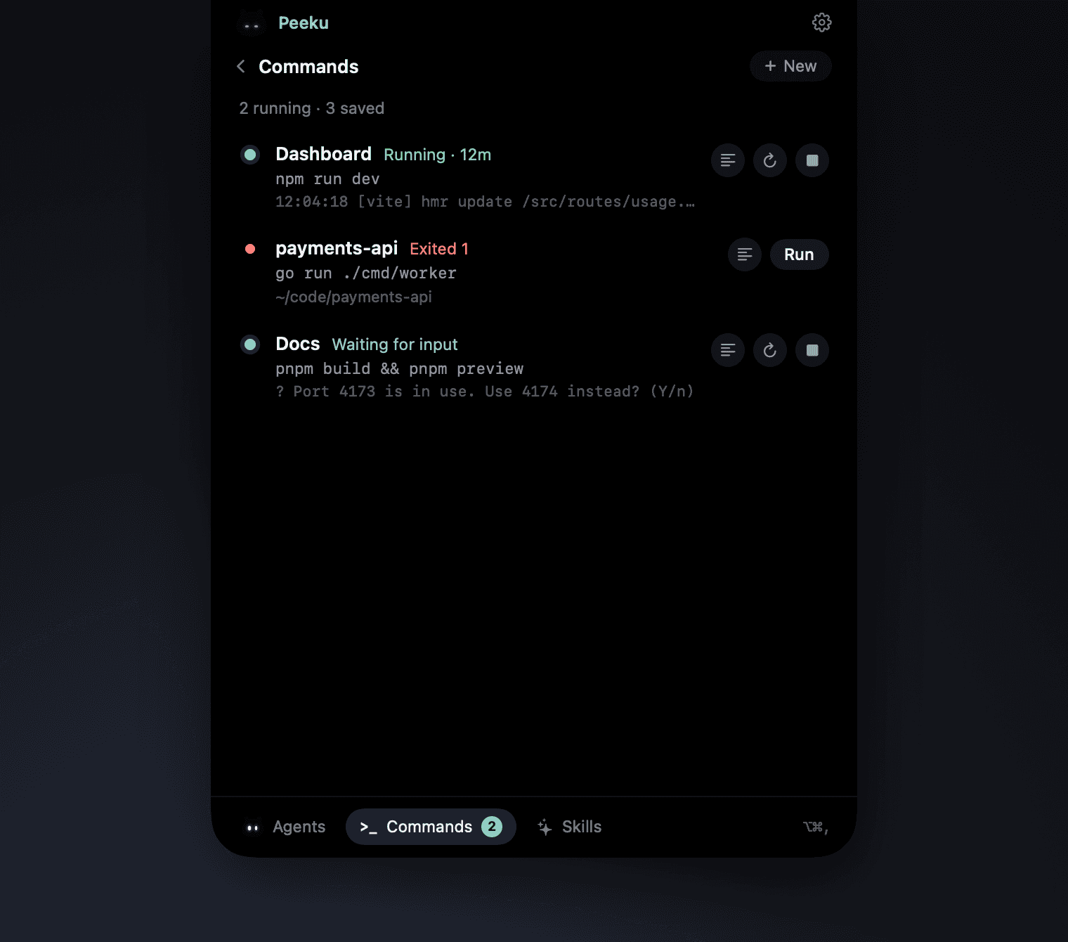 Commands in the session manager: a dev server running, a worker that exited, and a docs preview waiting for input