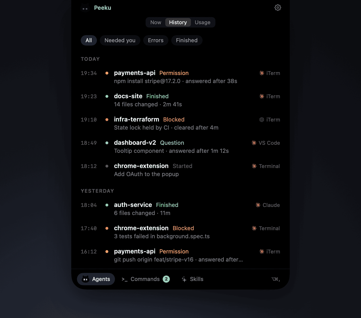 History of today's permission requests, finished runs and errors