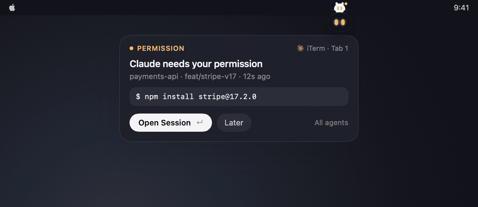 On a display without a notch, Peeku hangs from its menu bar icon above a frosted panel: Claude needs your permission to run npm install stripe@17.2.0