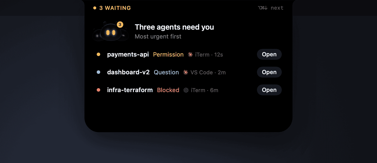 Three agents need you, each with an Open button