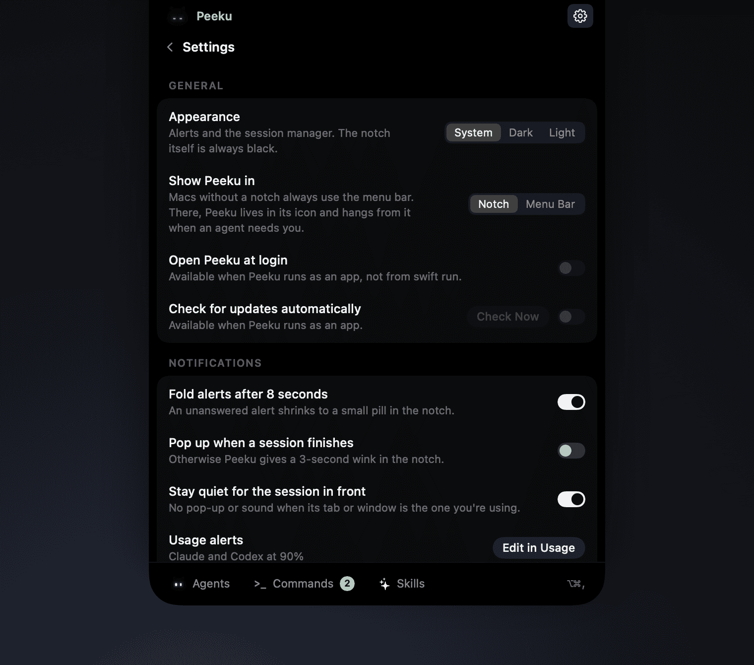 Settings inside the session manager: appearance, notch or menu bar, login, updates and notifications