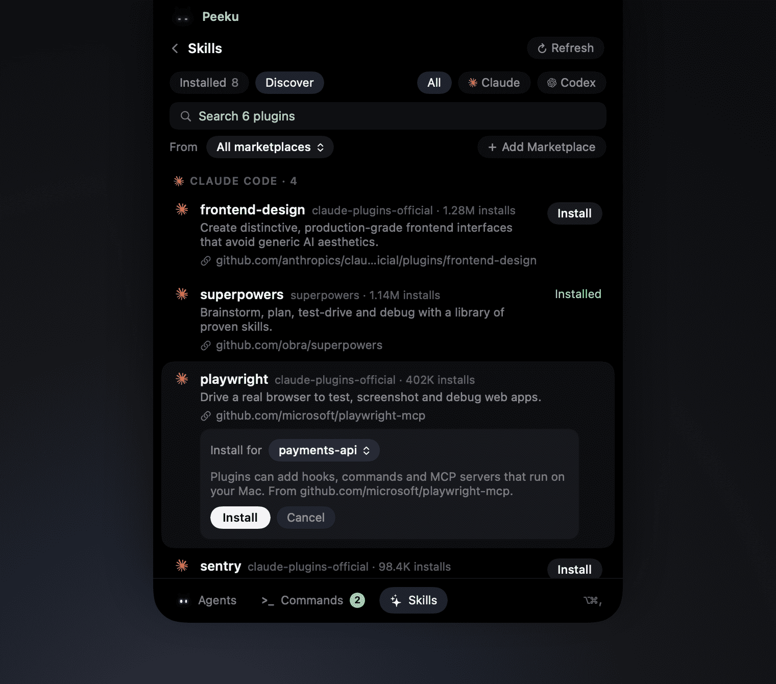 Skills, Discover: Claude Code and Codex marketplace plugins with install counts, and playwright asking which project to install into before it runs